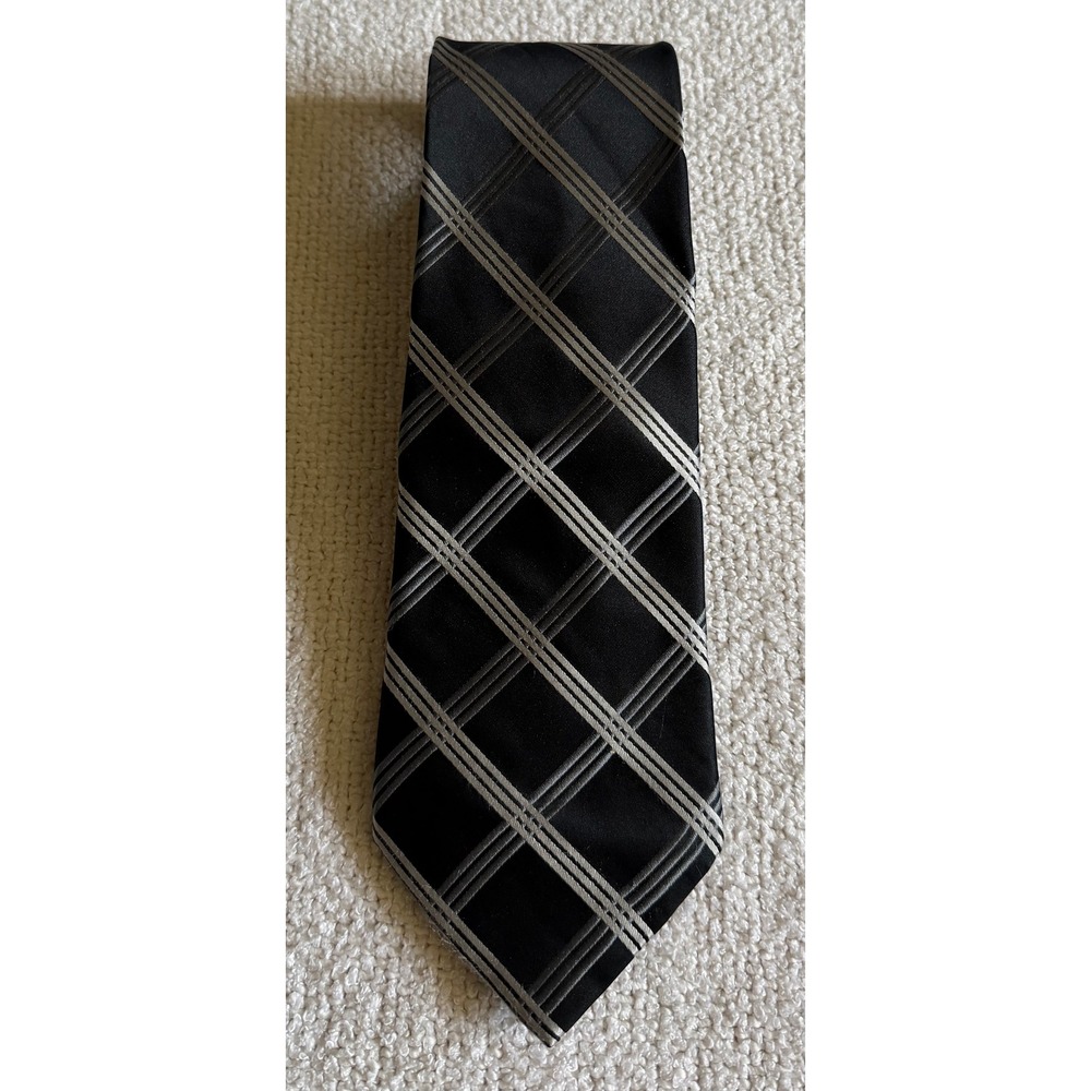 Bugatti Mens Silk Necktie Black Grey Silver Plaid Geometric Formal Business Tie